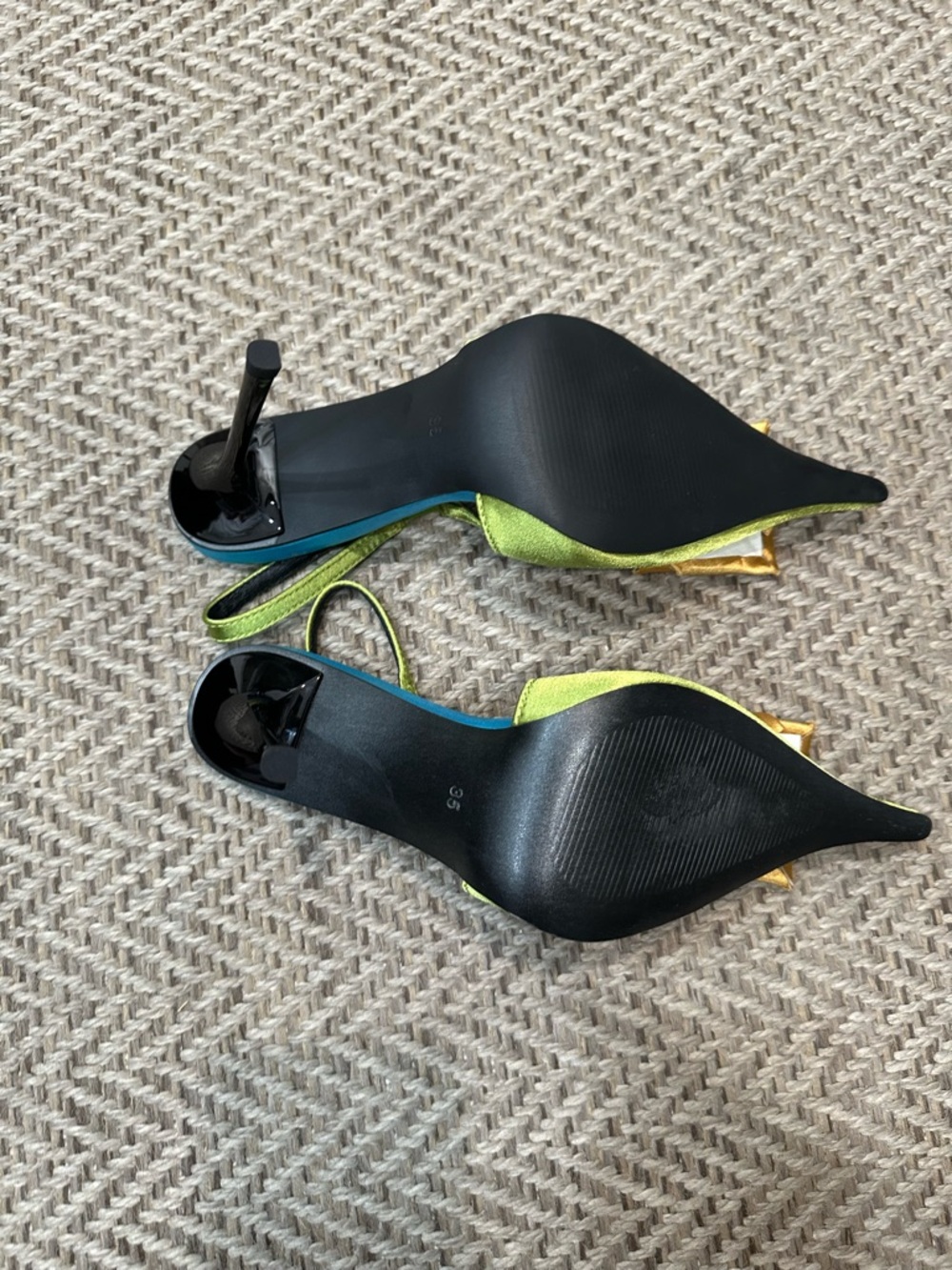 Green Satin Pointed Toe Heels with Brown Rosette - Picture 6 of 9